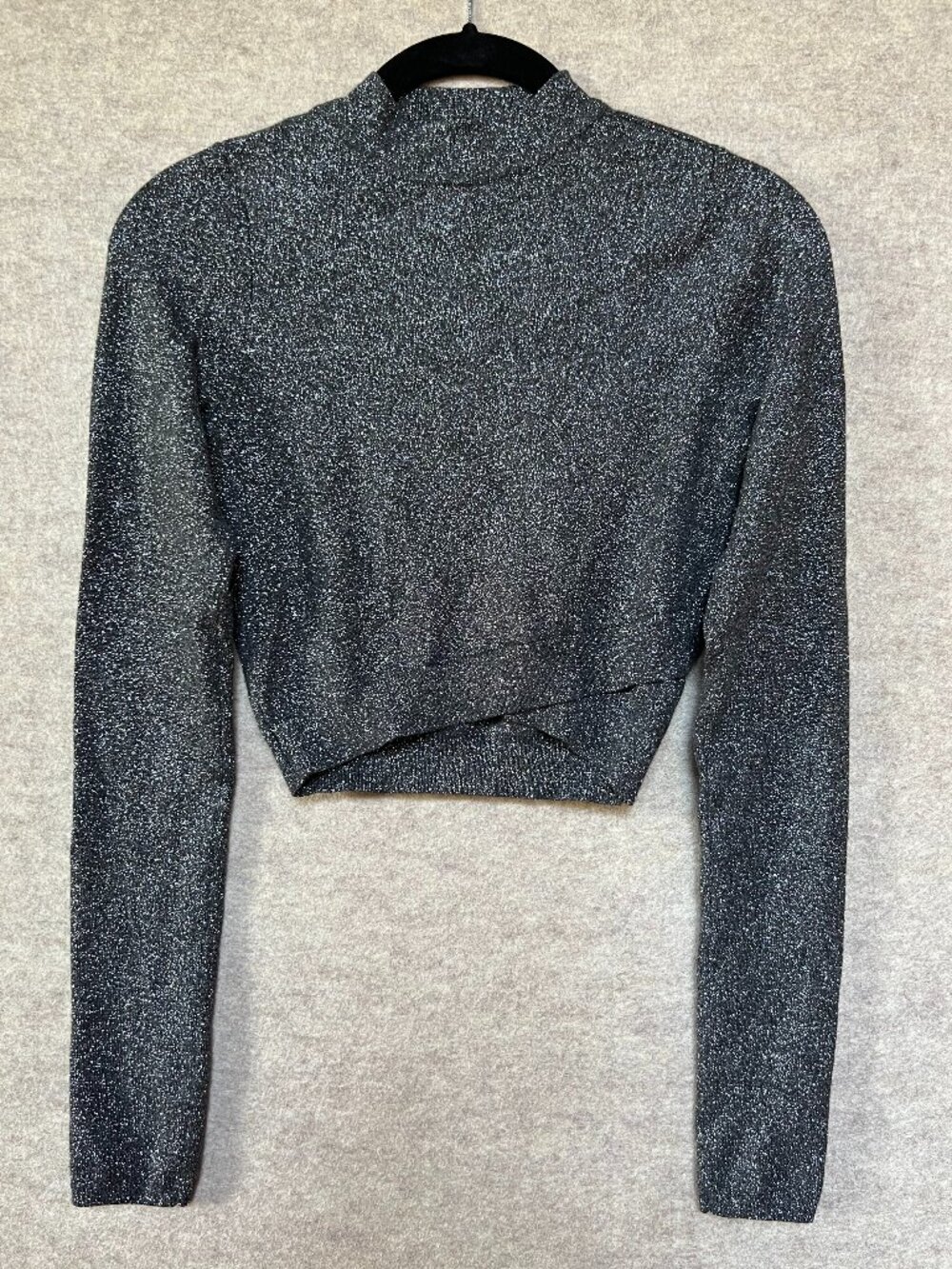 Express Glitter Long Sleeve Mock Neck Crop, Size XS